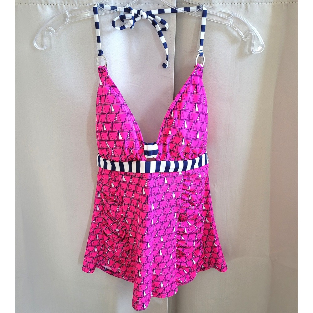 Sailboat Womens Tankini Swim Top XL Nautical Halter Ruched Preppy Coastal 21614